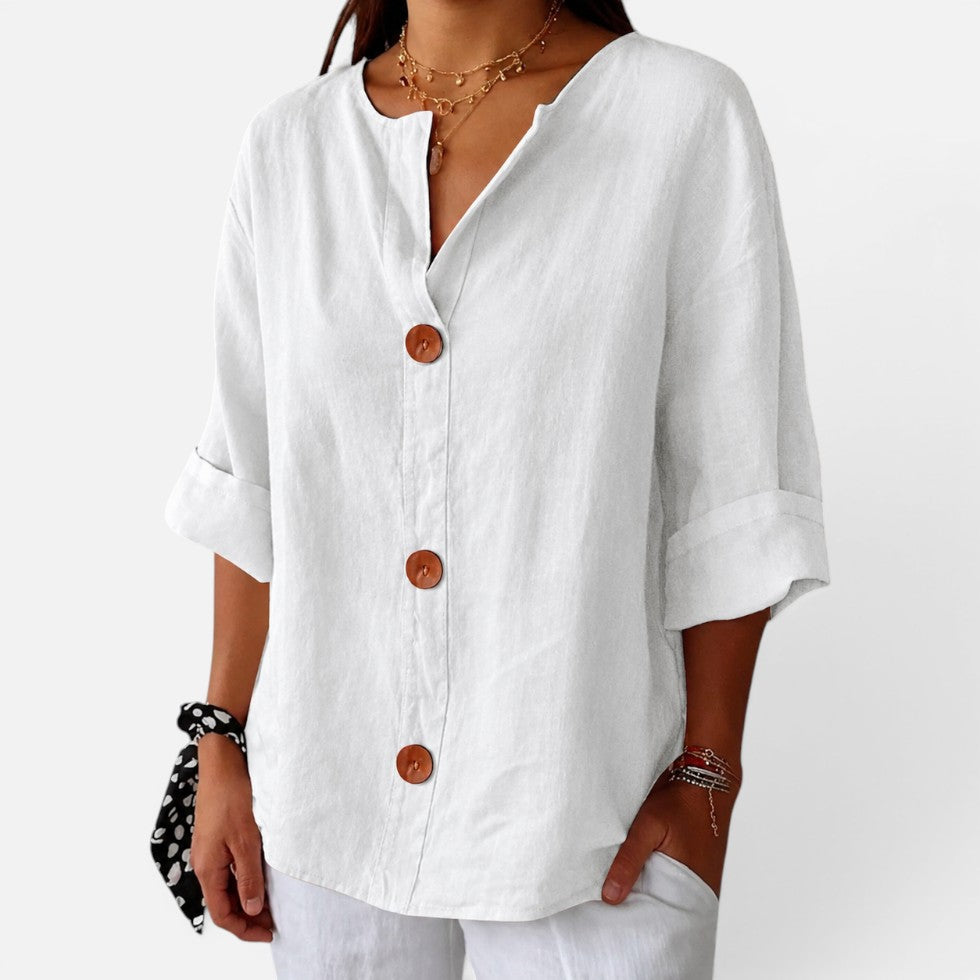 Effortless Linen Shirt for Women with V Neck Elbow Sleeve Button Front Casual Style