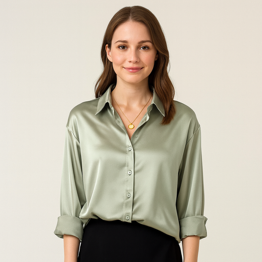Women Satin Long Sleeve Button Down Blouse