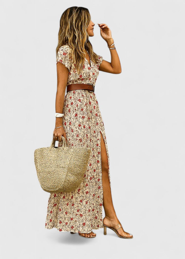 Effortless Paisley Maxi Dress for Women with V Neck Cap Sleeve Wrap Belted Bohemian Style