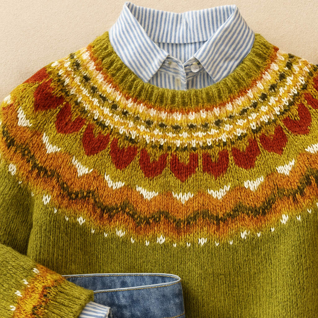 Warm Green Fair Isle Knit Sweater for Women with Round Neck Long Sleeve Nordic Pullover Cold Weather Style