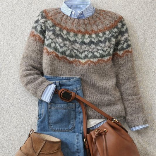 Warm Taupe Fair Isle Knit Sweater for Women with Round Neck Long Sleeve Nordic Pullover Cold Weather Style