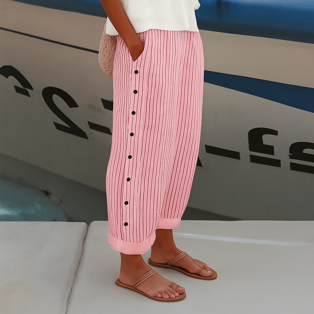 Effortless Striped Linen Pants for Women with Button Front Cuffed Wide Leg Relaxed Casual Style