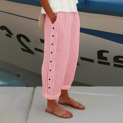 Effortless Striped Linen Pants for Women with Button Front Cuffed Wide Leg Relaxed Casual Style