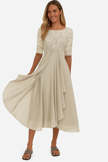 Elegant Lace Midi Dress for Women with Boat Neck Elbow Sleeve Draped Chiffon Wedding Guest Style