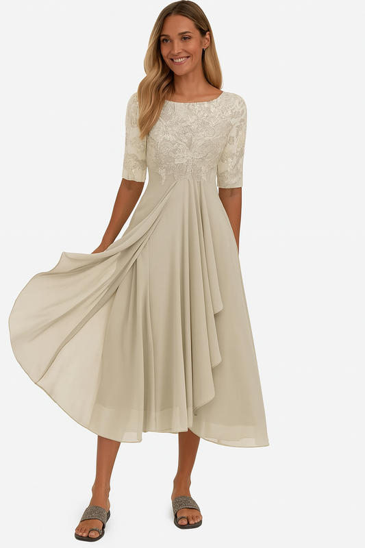 Elegant Lace Midi Dress for Women with Boat Neck Elbow Sleeve Draped Chiffon Wedding Guest Style
