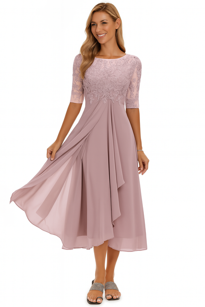 Elegant Lace Midi Dress for Women with Boat Neck Elbow Sleeve Draped Chiffon Wedding Guest Style