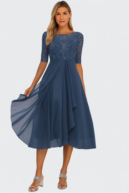 Elegant Lace Midi Dress for Women with Boat Neck Elbow Sleeve Draped Chiffon Wedding Guest Style