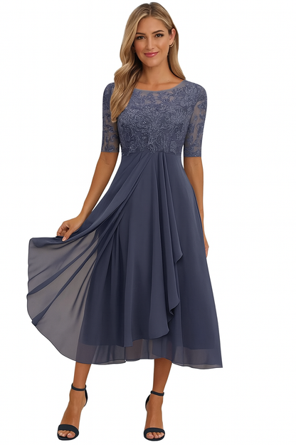 Elegant Lace Midi Dress for Women with Boat Neck Elbow Sleeve Draped Chiffon Wedding Guest Style