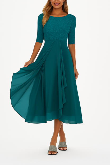 Elegant Lace Midi Dress for Women with Boat Neck Elbow Sleeve Draped Chiffon Wedding Guest Style