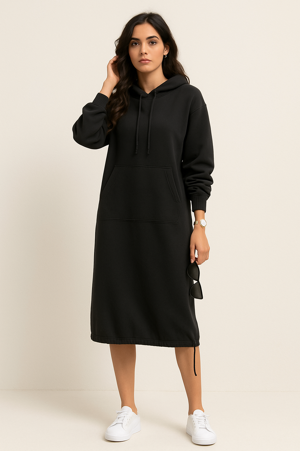 Comfortable Fleece Hoodie Dress for Women with Drawstring Hood Long Sleeve Kangaroo Pocket Relaxed Style