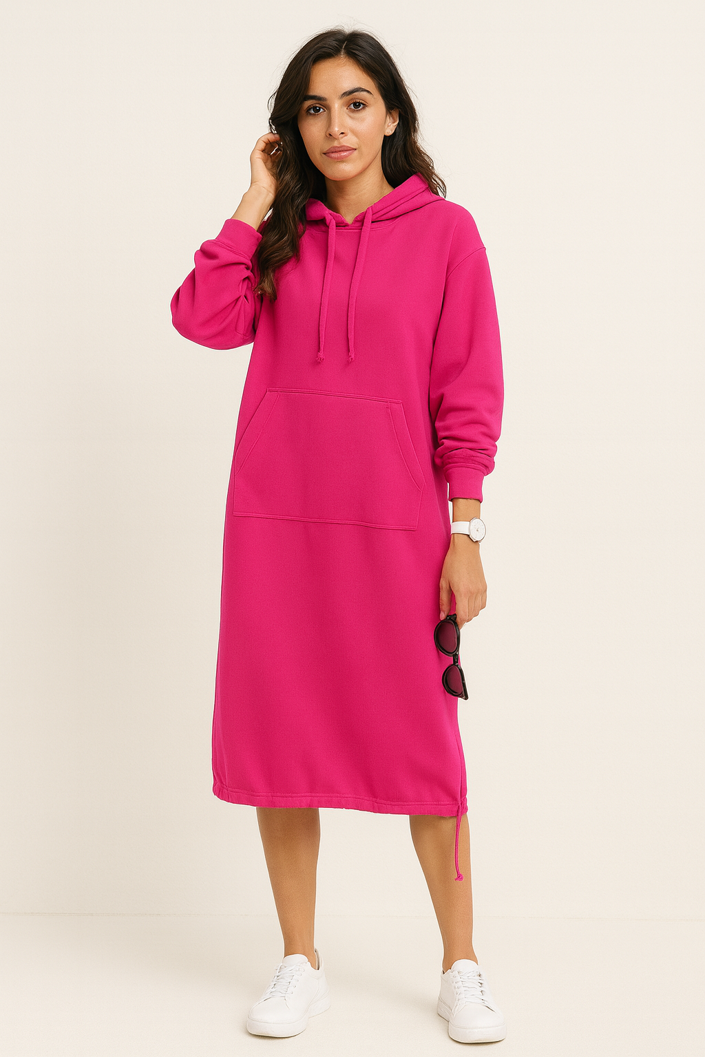 Comfortable Fleece Hoodie Dress for Women with Drawstring Hood Long Sleeve Kangaroo Pocket Relaxed Style