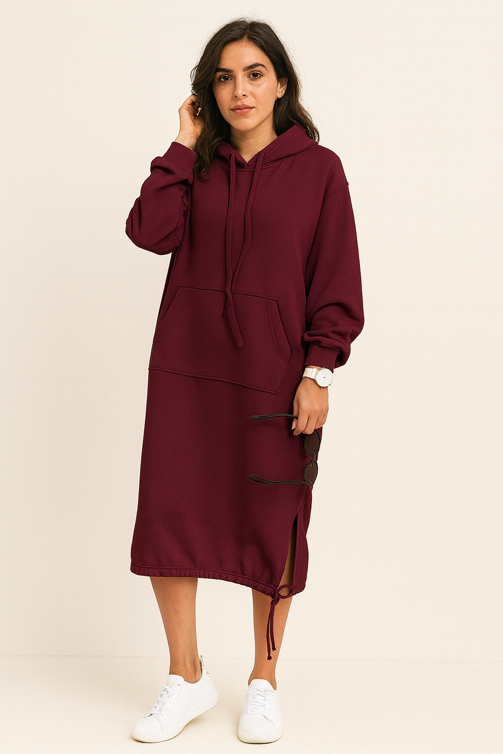 Comfortable Fleece Hoodie Dress for Women with Drawstring Hood Long Sleeve Kangaroo Pocket Relaxed Style