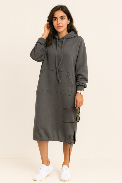 Comfortable Fleece Hoodie Dress for Women with Drawstring Hood Long Sleeve Kangaroo Pocket Relaxed Style