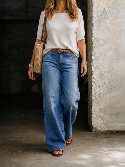 Effortless Blue Wide Leg High Waisted Jeans for Women with Denim Relaxed Casual Style
