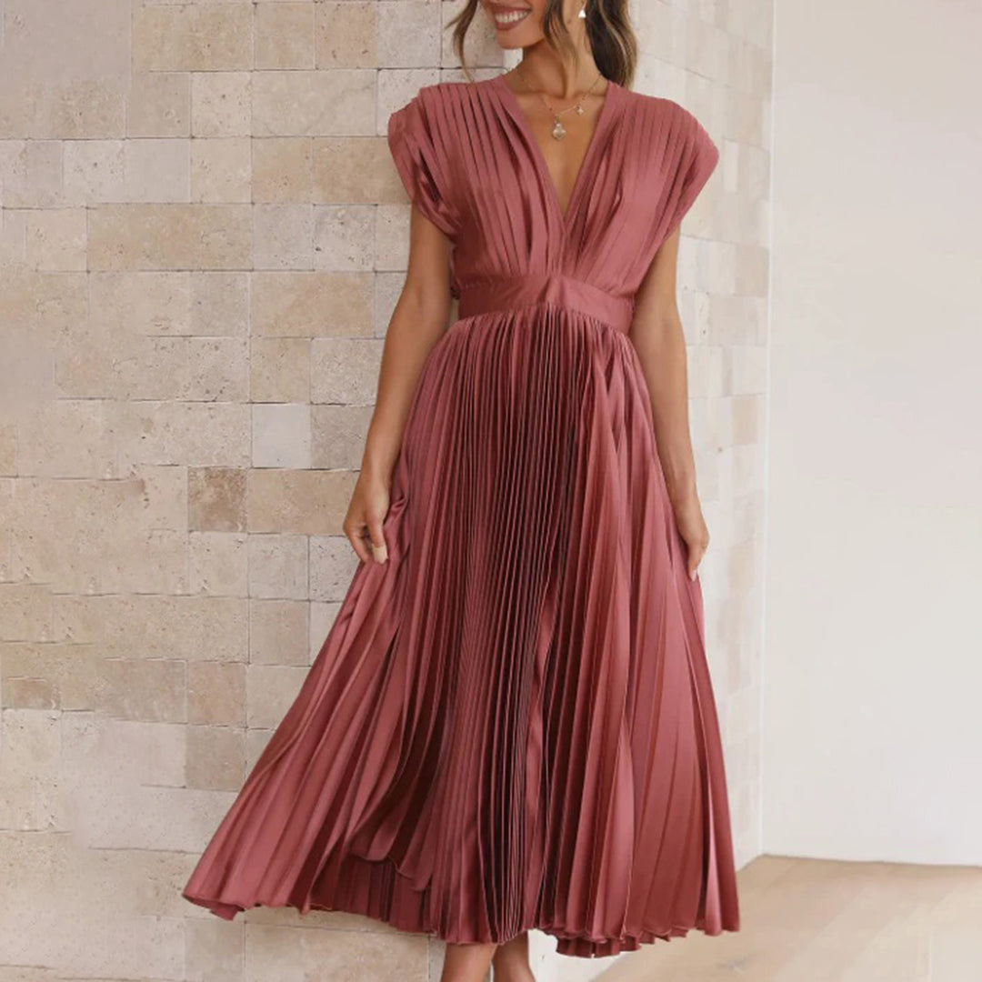 Elegant Pleated Satin Cocktail Dress for Women with V Neck Cap Sleeve Open Back Flowing Maxi Style