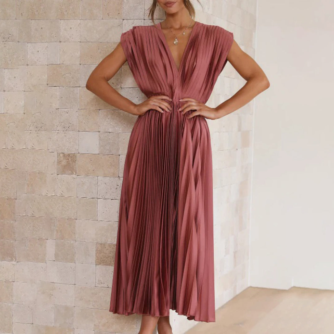 Elegant Pleated Satin Cocktail Dress for Women with V Neck Cap Sleeve Open Back Flowing Maxi Style