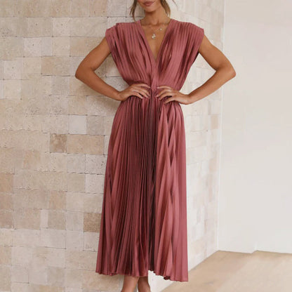 Elegant Pleated Satin Cocktail Dress for Women with V Neck Cap Sleeve Open Back Flowing Maxi Style