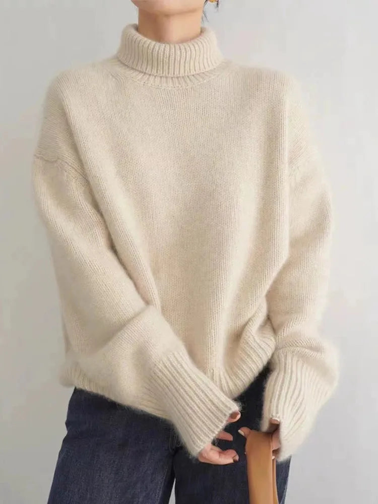 Comfortable Ribbed Knit Sweater for Women with High Neck Long Sleeve Relaxed Oversized Style