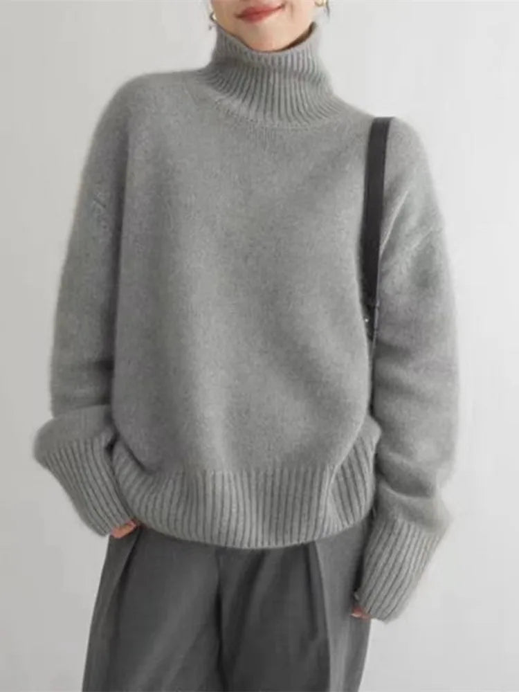 Comfortable Ribbed Knit Sweater for Women with High Neck Long Sleeve Relaxed Oversized Style