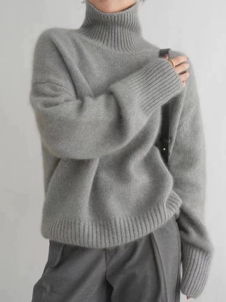Comfortable Ribbed Knit Sweater for Women with High Neck Long Sleeve Relaxed Oversized Style