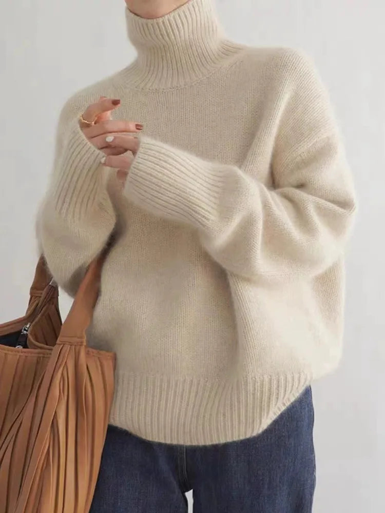 Comfortable Ribbed Knit Sweater for Women with High Neck Long Sleeve Relaxed Oversized Style