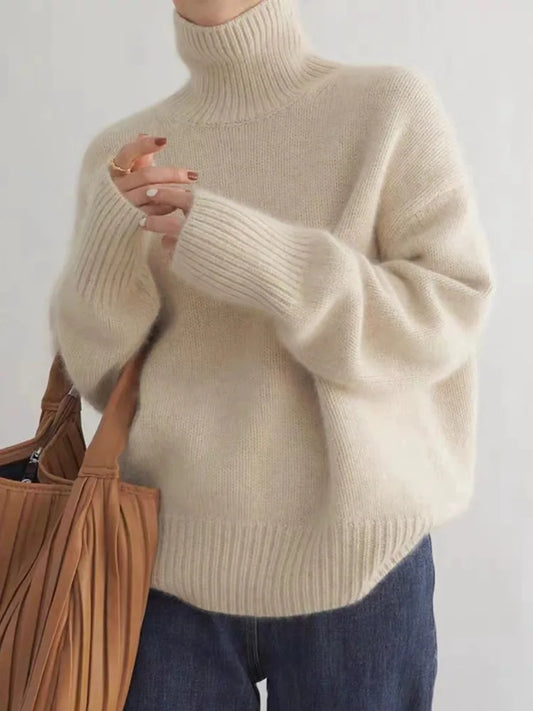 Comfortable Ribbed Knit Sweater for Women with High Neck Long Sleeve Relaxed Oversized Style