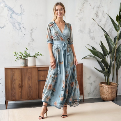 Elegant Blue Floral Maxi Dress for Women with V Neck Elbow Sleeve Wrap Belted Flowing Style