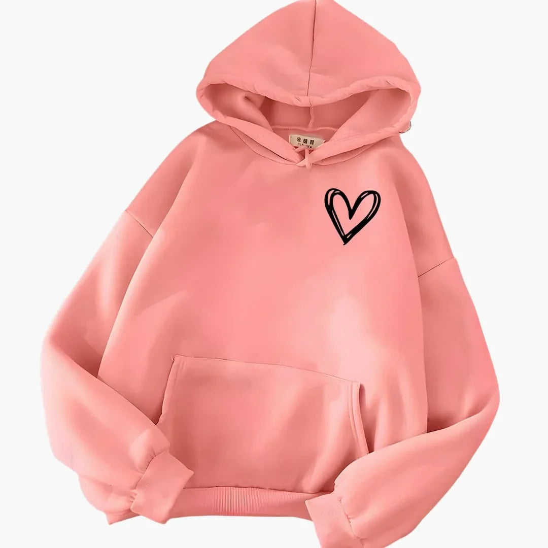 Cozy Pink Hoodie for Women with Drawstring Hood Heart Print Kangaroo Pocket Oversized Style