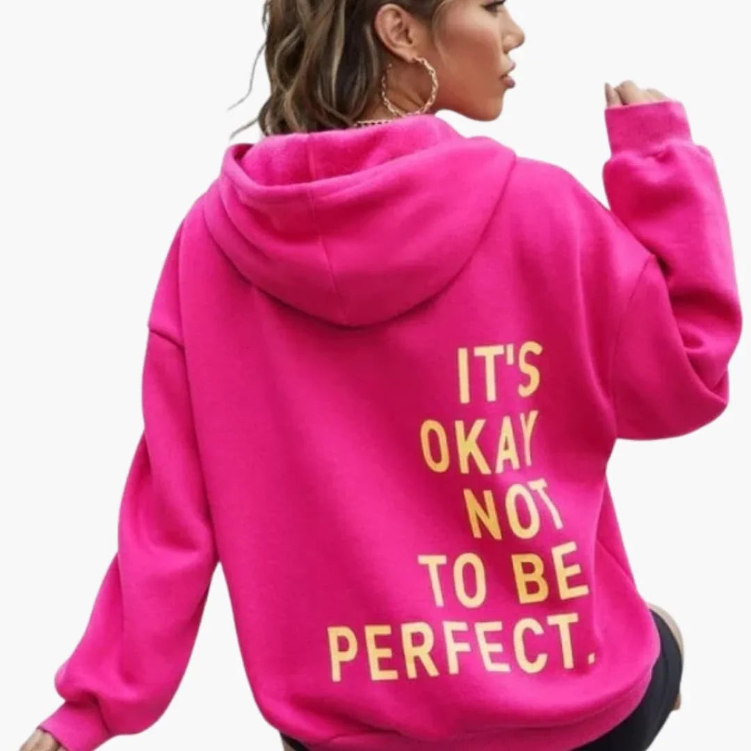 Comfortable Pink Hoodie for Women with Drawstring Hood Long Sleeve Text Print Oversized Style