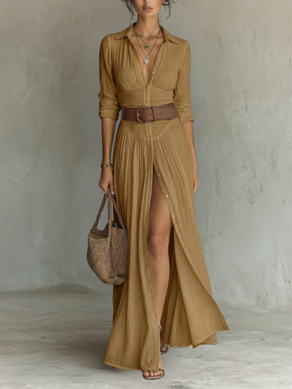 Effortless Crinkled Maxi Shirt Dress for Women with Collar Long Sleeve Button Front High Slit Bohemian Style