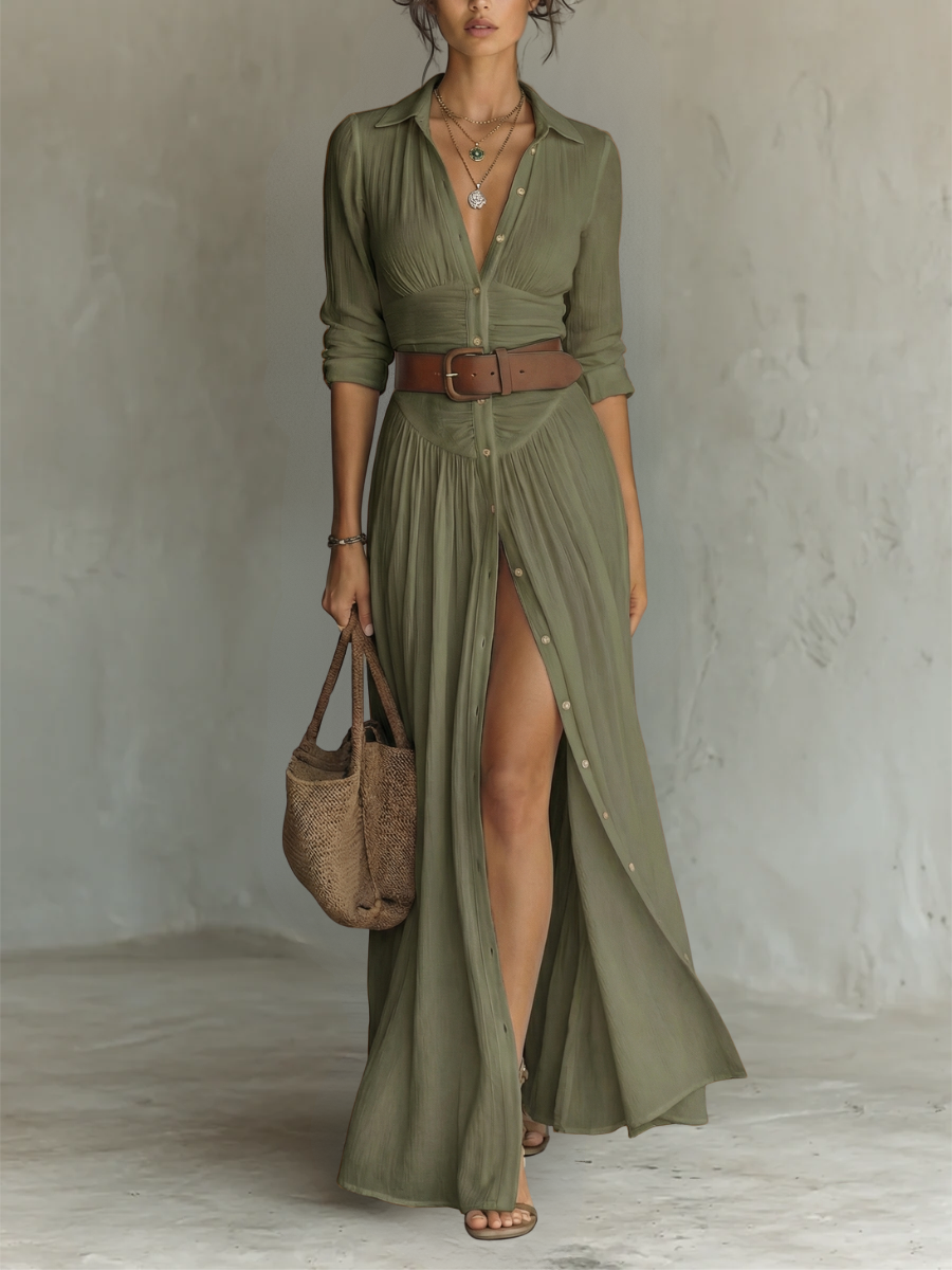 Effortless Linen Maxi Dress for Women with Collar Long Sleeve Button Front Ruched Bohemian Style
