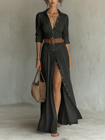 Effortless Crinkled Maxi Shirt Dress for Women with Collar Long Sleeve Button Front High Slit Bohemian Style
