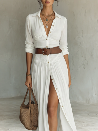 Effortless Crinkled Maxi Shirt Dress for Women with Collar Long Sleeve Button Front High Slit Bohemian Style