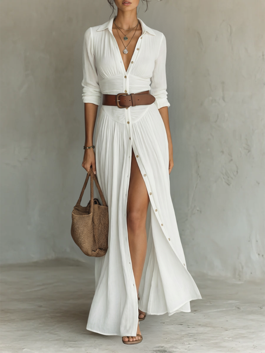 Effortless Crinkled Maxi Shirt Dress for Women with Collar Long Sleeve Button Front High Slit Bohemian Style