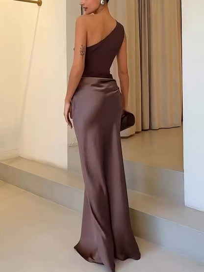 Elegant Satin Maxi Dress for Women with One Shoulder Ruched Draped Mermaid Formal Wedding Guest Style
