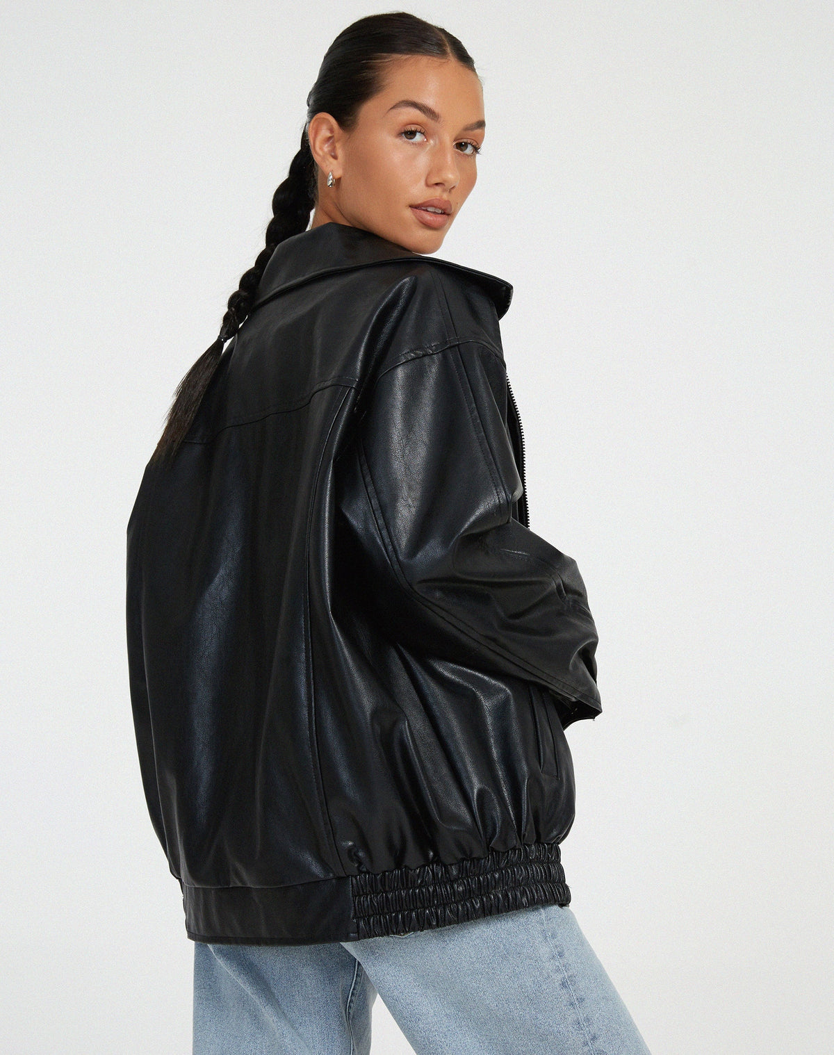Elegant Brown Oversized Faux Leather Jacket for Women with Spread Collar Zip Front Relaxed Daily Style