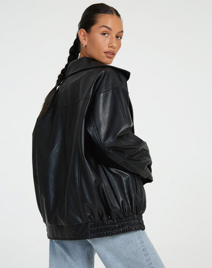 Elegant Brown Oversized Faux Leather Jacket for Women with Spread Collar Zip Front Relaxed Daily Style