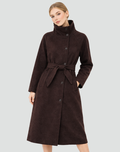Women's Belted Funnel Collar Long Wool Coat