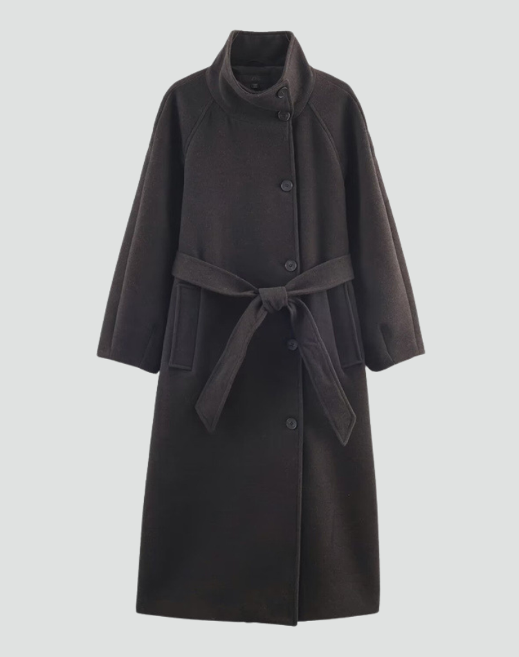 Women's Belted Funnel Collar Long Wool Coat