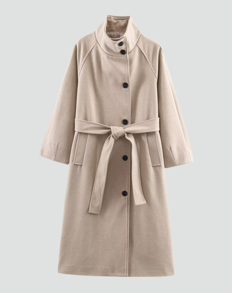 Women's Belted Funnel Collar Long Wool Coat