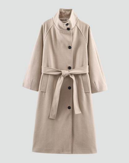 Women's Belted Funnel Collar Long Wool Coat