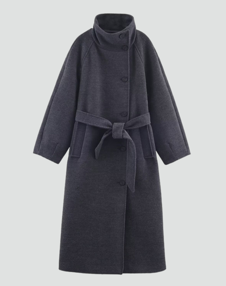 Women's Belted Funnel Collar Long Wool Coat