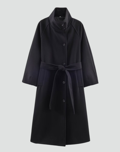 Women's Belted Funnel Collar Long Wool Coat