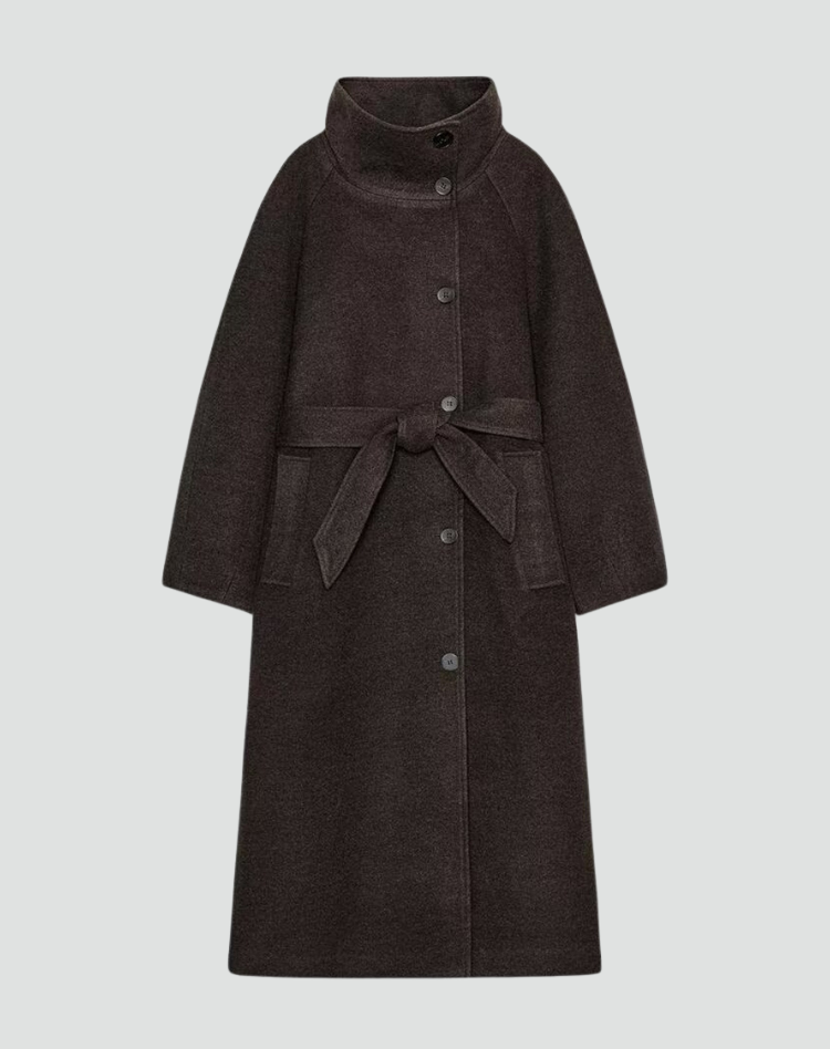 Women's Belted Funnel Collar Long Wool Coat