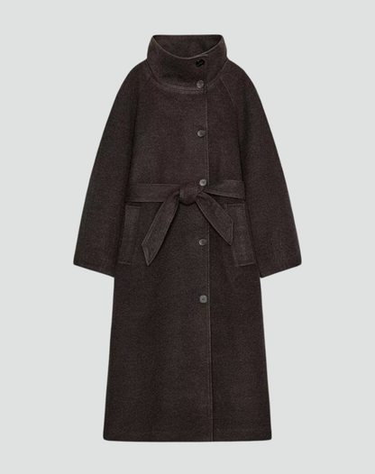 Women's Belted Funnel Collar Long Wool Coat