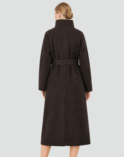 Women's Belted Funnel Collar Long Wool Coat