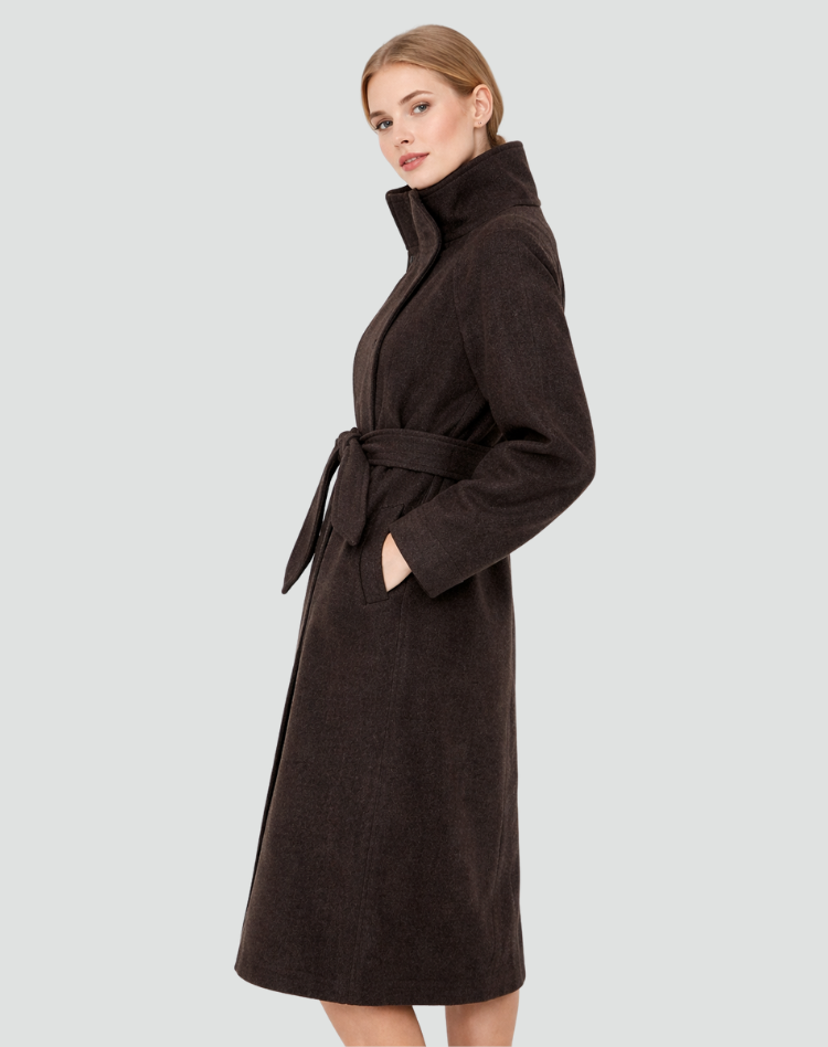 Women's Belted Funnel Collar Long Wool Coat