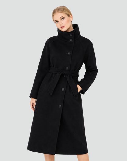 Women's Belted Funnel Collar Long Wool Coat