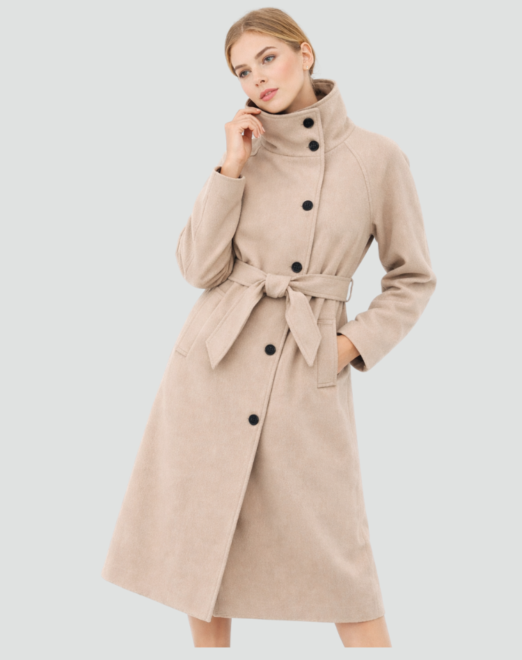 Women's Belted Funnel Collar Long Wool Coat