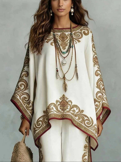 Elegant White Embroidered Wide Leg Set for Women with Round Neck Bell Sleeve Kaftan Two Piece Style
